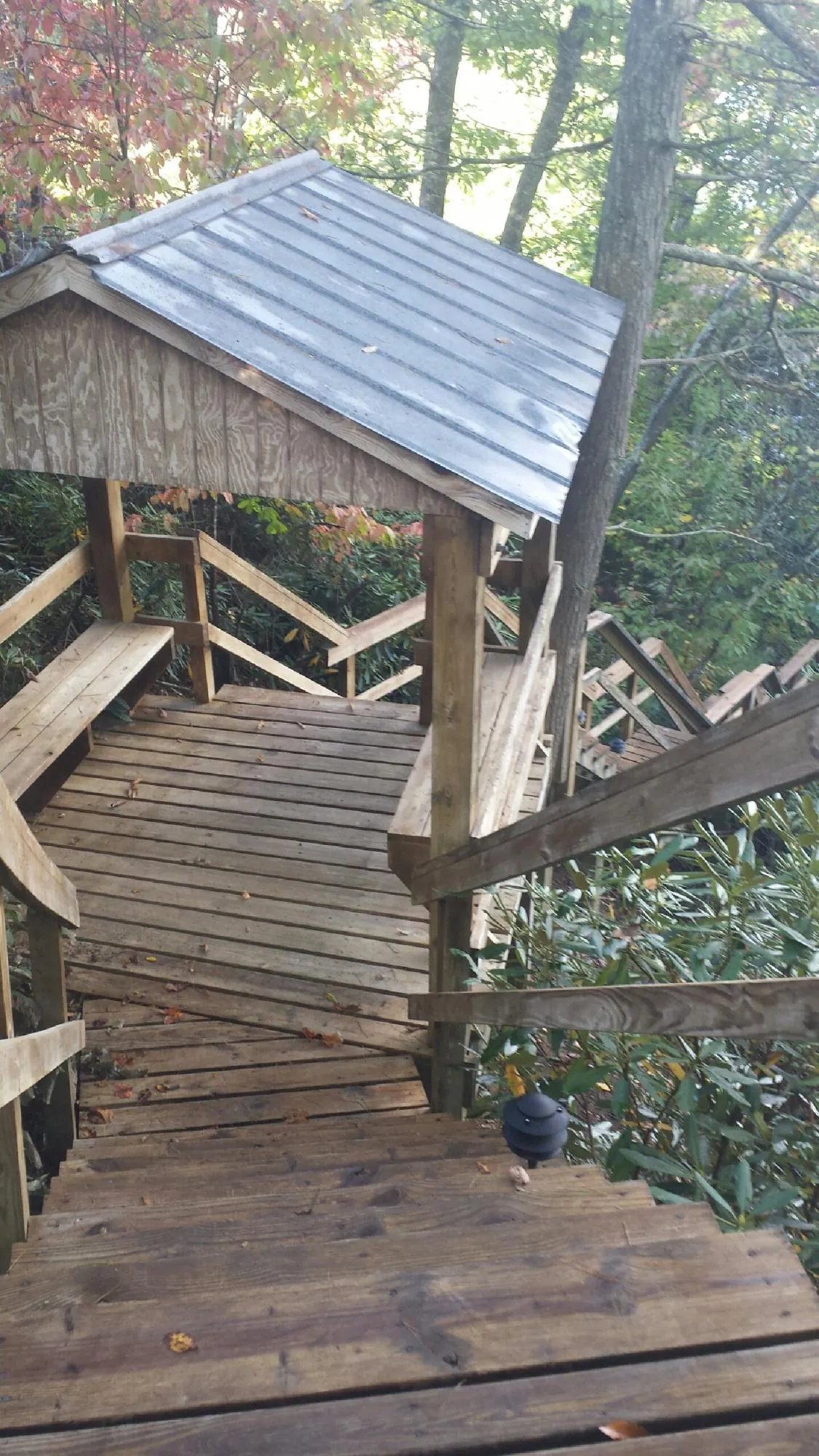 Metal roofed shelter over wooden steps on a wooded walkway — Skylight Repair & Installation work by our crew in Alameda